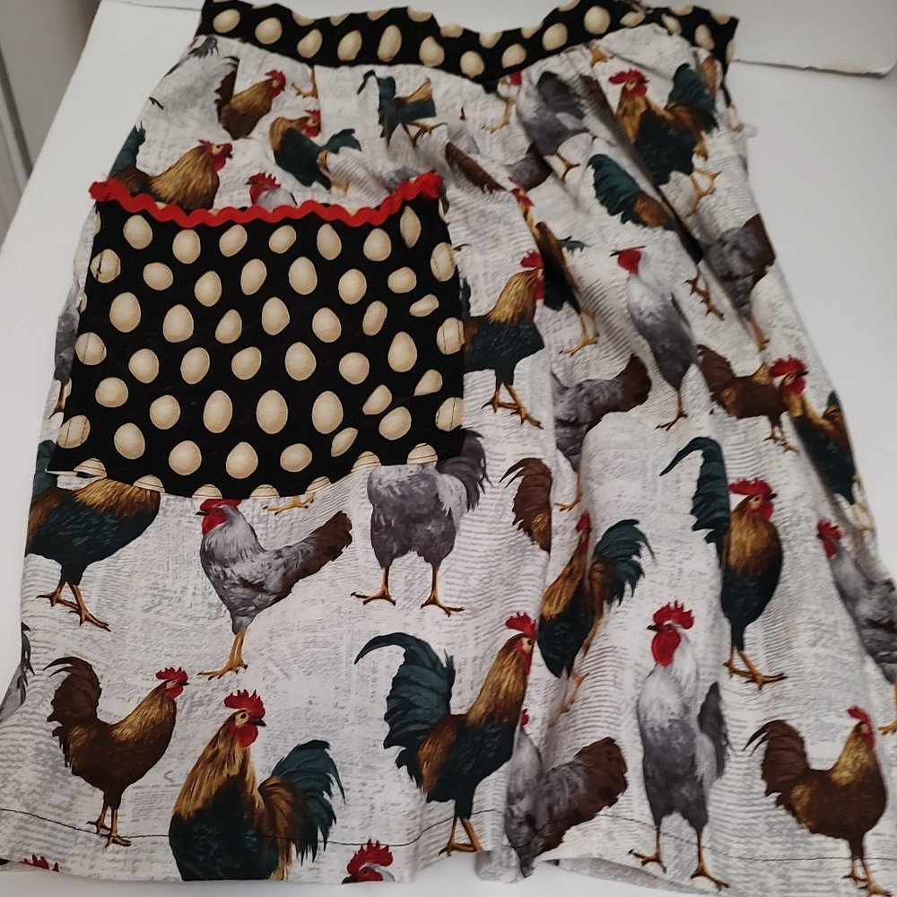 Handmade Half Apron. Material with chickens and eggs on the pocket